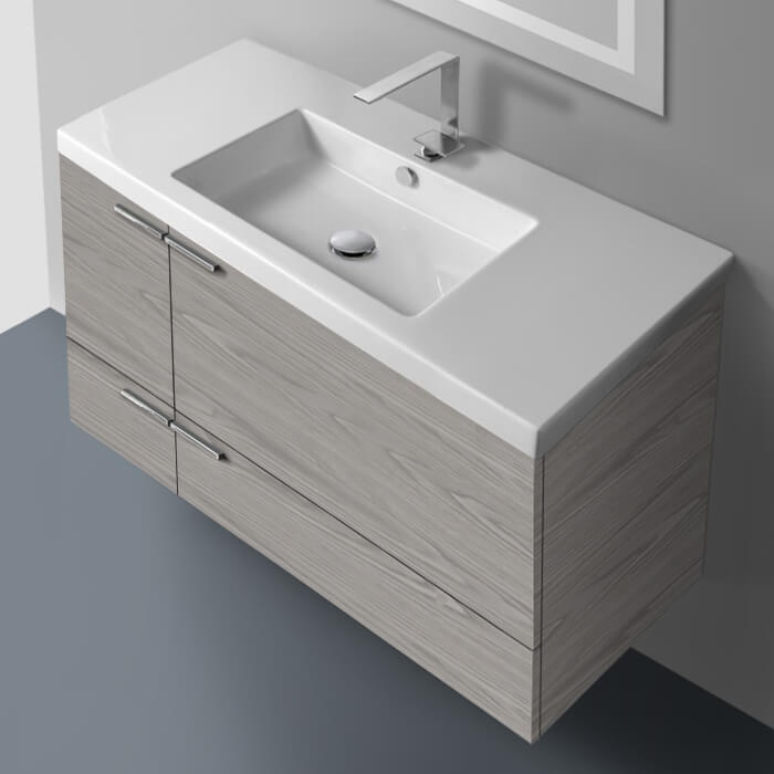 ACF ANS34-Grey Walnut 39 Inch Modern Wall Mounted Single Bathroom Vanity With Ceramic Sink Top, Grey Walnut