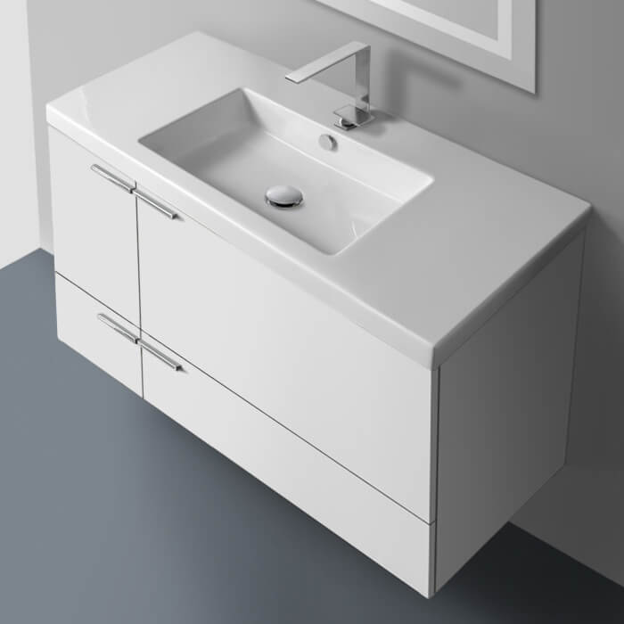 ACF ANS34-Glossy White Wall Mount Bathroom Vanity, Modern, 39 Inch, With Counter Space, Glossy White