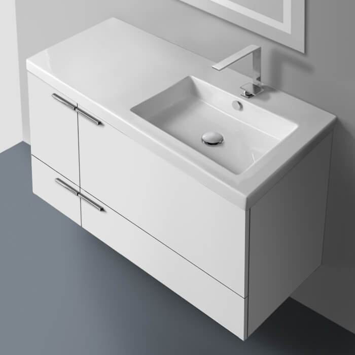 ACF ANS45-Glossy White Wall Mounted Bathroom Vanity, Modern, 39 Inch, With Counter Space, Sink On Right Side, Glossy White