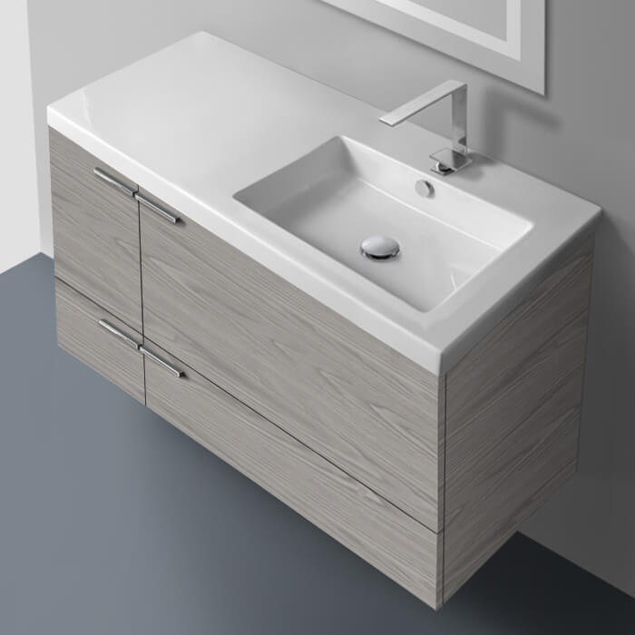 ACF ANS45-Grey Walnut Wall Mounted Bathroom Vanity, Modern, 39 Inch, With Counter Space, Sink On Right Side, Grey Walnut
