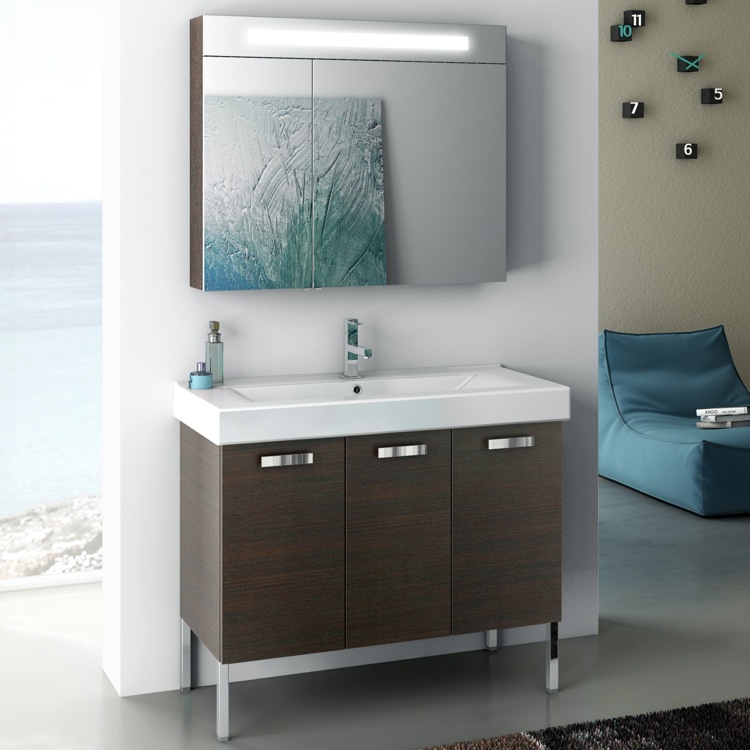 ACF C06-Wenge Floor Standing Bath Vanity, Modern, 39 Inch, With Lighted Medicine Cabinet, Wenge