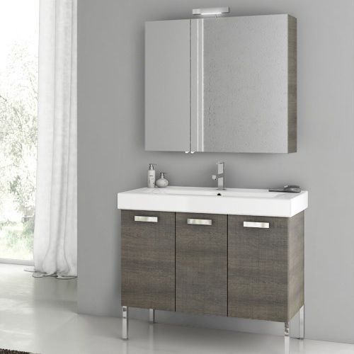 ACF C09-Grey Oak Modern Floor Standing Bathroom Vanity Cabinet, 39 Inch, With Medicine Cabinet, Grey Oak