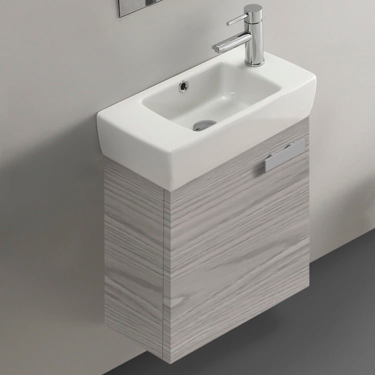 ACF C17 19 Inch Narrow Wall Mounted Single Bathroom Vanity With Ceramic Sink Top, Grey Walnut