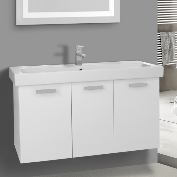 ACF C517 39 Inch Modern Floating Single Bathroom Vanity With Ceramic Sink Top, Glossy White