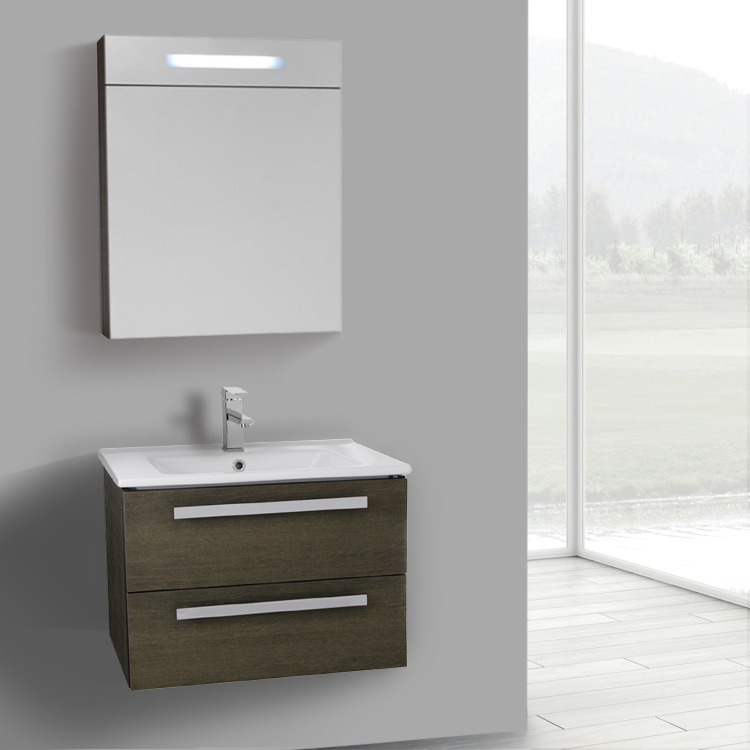 25 Inch Grey Oak Wall Mount Bathroom Vanity Set 2 Drawers Lighted 25 Inch Grey Oak Wall Mount Bathroom Vanity Set 2 Drawers Lighted Cine Cabinet Included