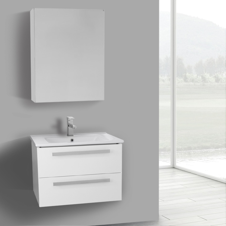 ACF DA274 Modern Wall Mounted Bathroom Vanity, 25 Inch, Glossy White, With Medicine Cabinet