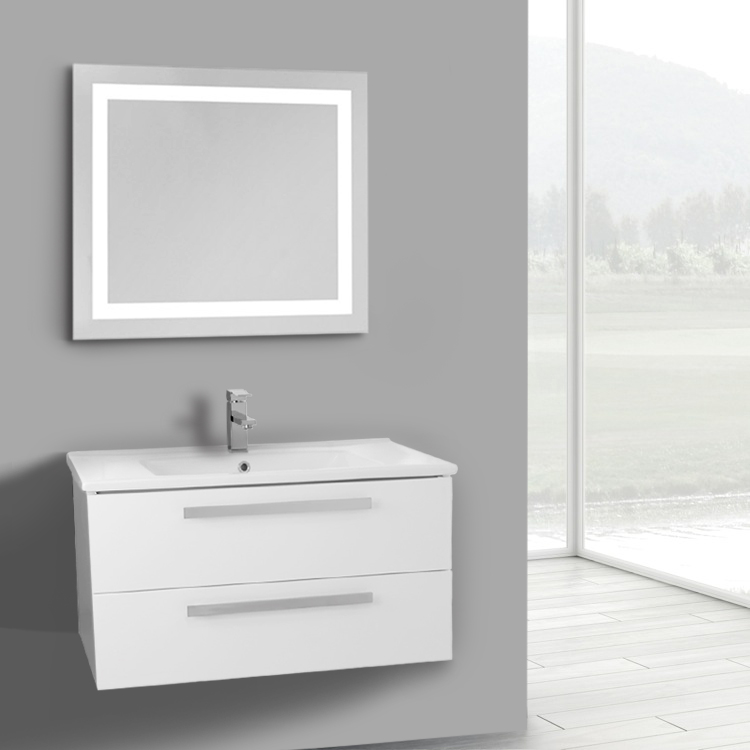 Wall Mount Bathroom Vanity & Sink, Modern, 33 Inch, Glossy White, With Lighted Mirror ACF DA93