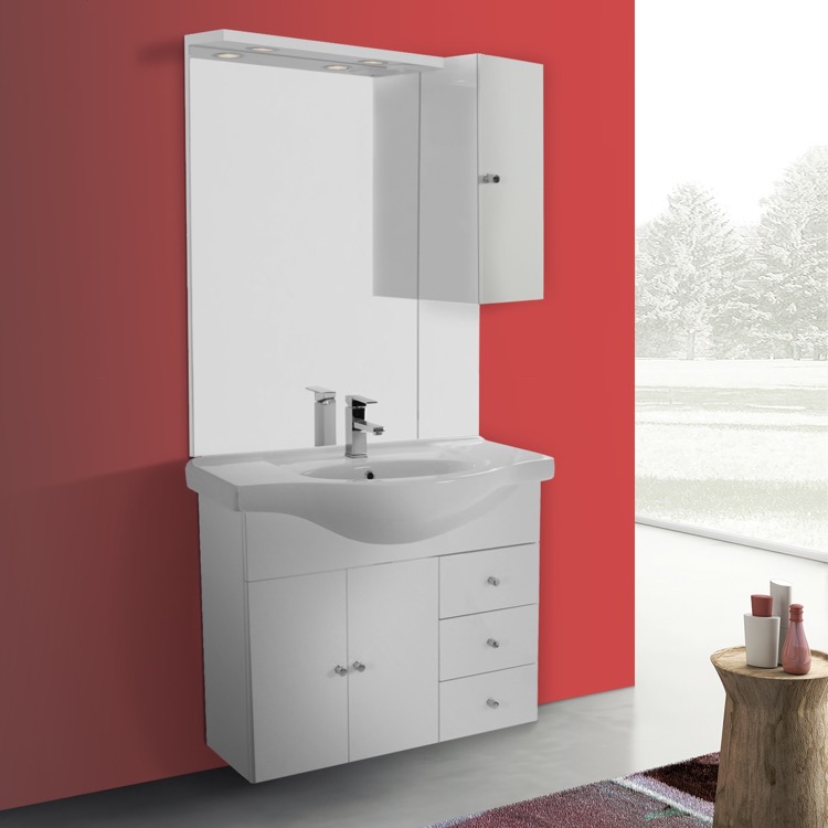32 Inch Glossy White Wall Mounted Bathroom Vanity Set Curved Sink 32 Inch Glossy White Wall Mounted Bathroom Vanity Set Curved Sink Lighted Mirror Included