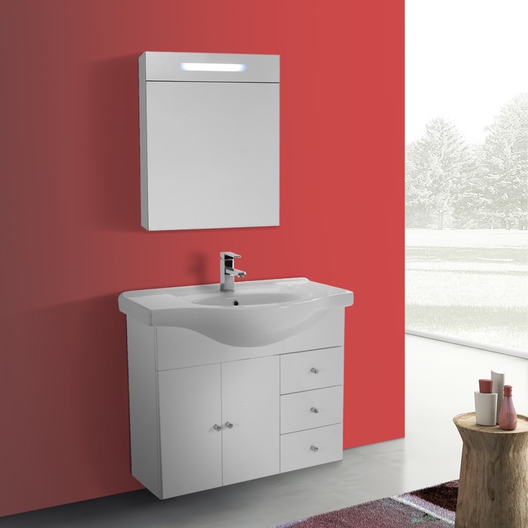 Acf Lon61 By Nameek S London 32 Inch Glossy White Wall Mounted 32 Inch Glossy White Wall Mounted Bathroom Vanity Set Curved Sink Lighted Cine Cabinet Included