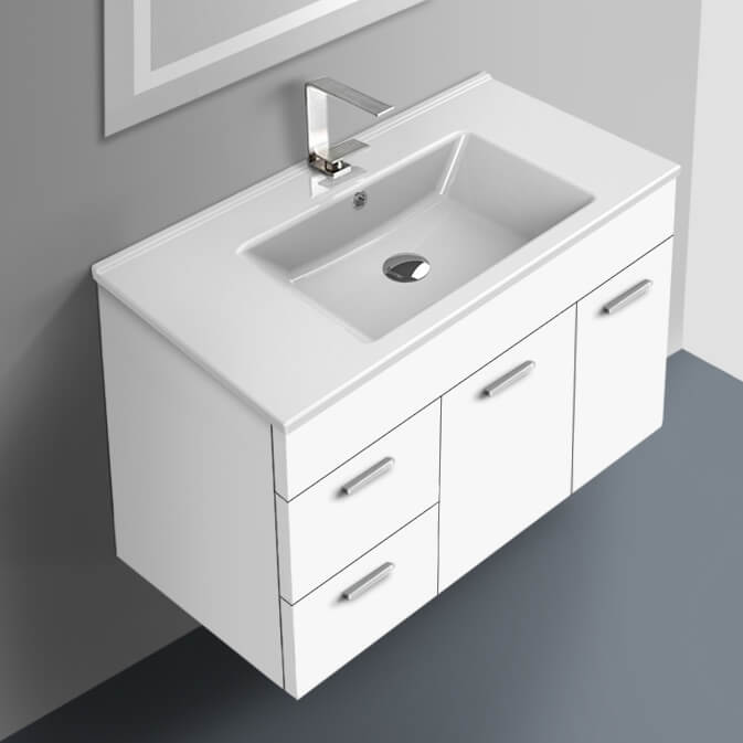 ACF LOR57 Floating Bathroom Vanity, Modern, 34 Inch, Glossy White