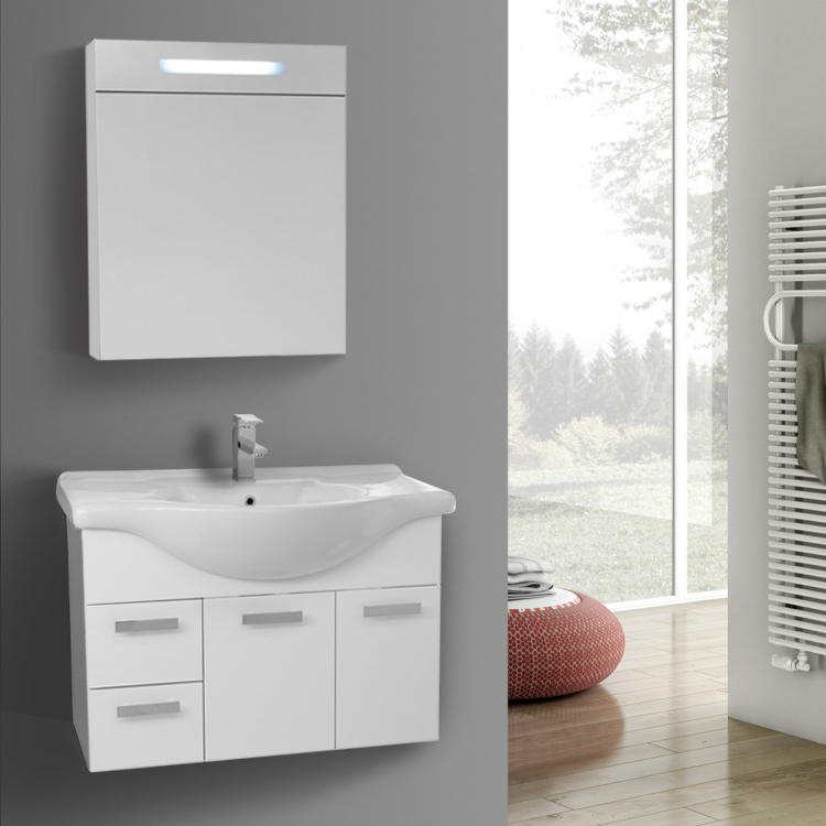 32 Inch Wall Mount Glossy White Bathroom Vanity Set Lighted 32 Inch Wall Mount Glossy White Bathroom Vanity Set Lighted Medicine Cabinet Included