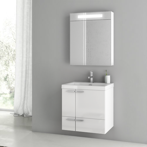 ACF ANS157 Modern Wall Mounted Bathroom Vanity, 23 Inch, Glossy White, With Lighted Medicine Cabinet