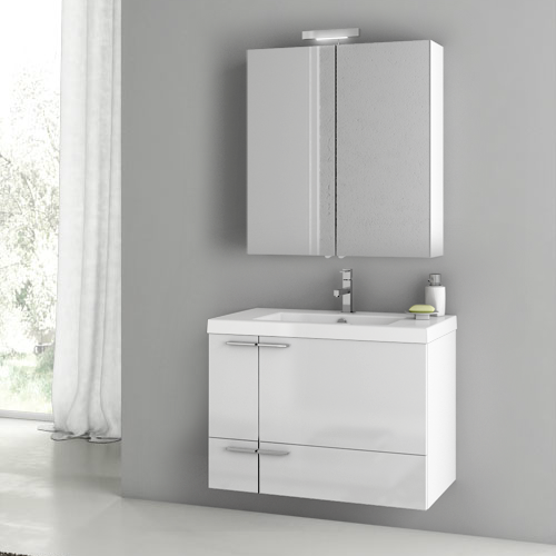 ACF ANS172 Modern Wall Mounted Bathroom Vanity Cabinet, 31 Inch, With Medicine Cabinet, Glossy White