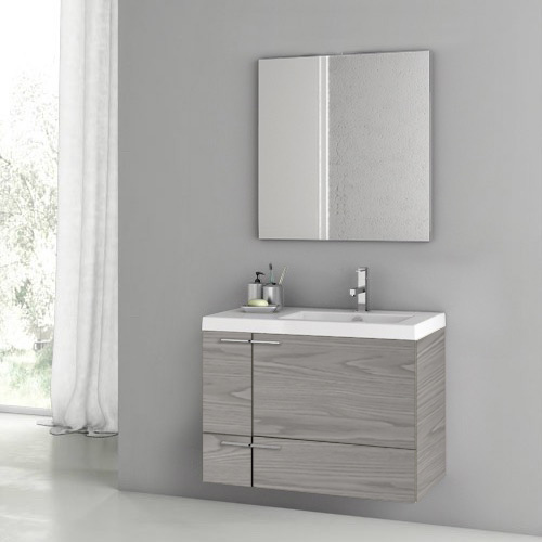 ACF ANS1427 Wall Mounted Bathroom Vanity & Sink, Modern, 31 Inch, With Mirror, Grey Walnut