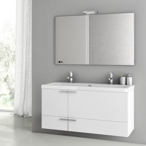 ACF ANS138 Wide Bathroom Vanity, Double, Wall Mounted, 47 Inch, Glossy White