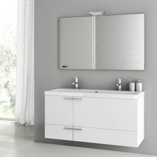 ACF ANS138 Wide Bathroom Vanity, Double, Wall Mounted, 48 Inch, Glossy White