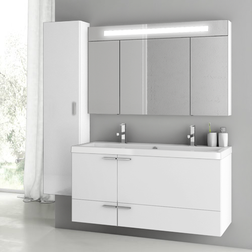 Trough Modern Wall Mount Bath Vanity, 47 Inch, Glossy White, With Lighted Medicine Cabinet ACF ANS217