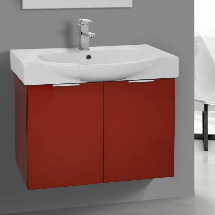 28 Inch Wall Mount Glossy Red Vanity Cabinet With Ed Curved Sink Bathroom Vanity Arcom Kal05 28 Inch Wall Mount Glossy Red Cabinet With Ed