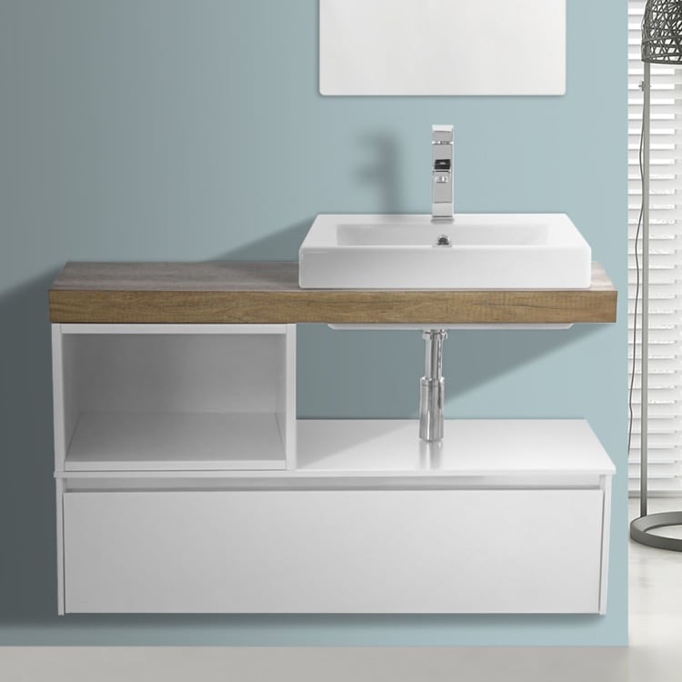 ARCOM LAF001 Wall Mount Bathroom Vanity With Ceramic Sink, Open, 41 Inch, White With Aged Brown Top
