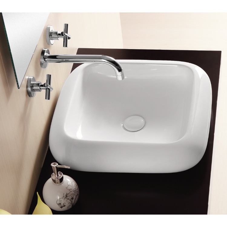 Bathroom Sink, Caracalla CA412-No Hole, Square White Ceramic Vessel Bathroom Sink
