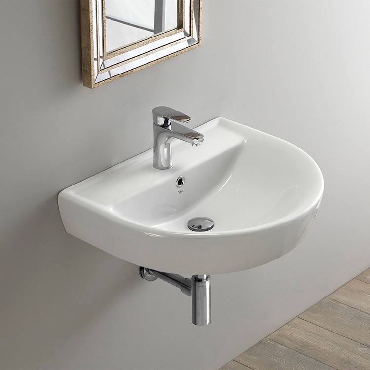 Bathroom Sink, CeraStyle 003100-U-One Hole, Round White Ceramic Wall Mounted Sink