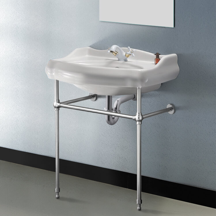 Console Bathroom Sink Traditional Ceramic Console Sink With Chrome Stand, 24 Inch CeraStyle 030200-CON