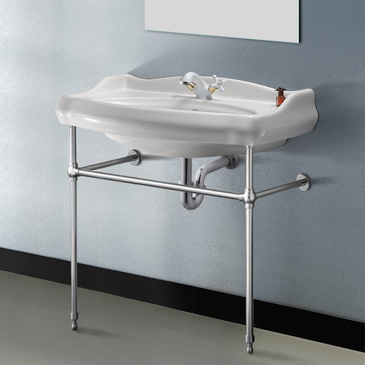 CeraStyle 030300-CON-One Hole Traditional Ceramic Console Sink With Chrome Stand