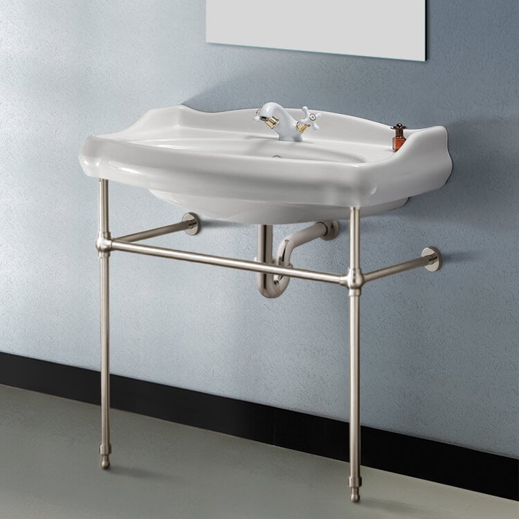 Bathroom Sink, CeraStyle 030300-CON-SN-One Hole, Traditional Ceramic Console Sink With Satin Nickel Stand