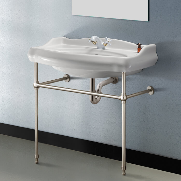 Console Bathroom Sink Traditional Ceramic Console Sink With Satin Nickel Stand, 32 Inch CeraStyle 030300-CON-SN