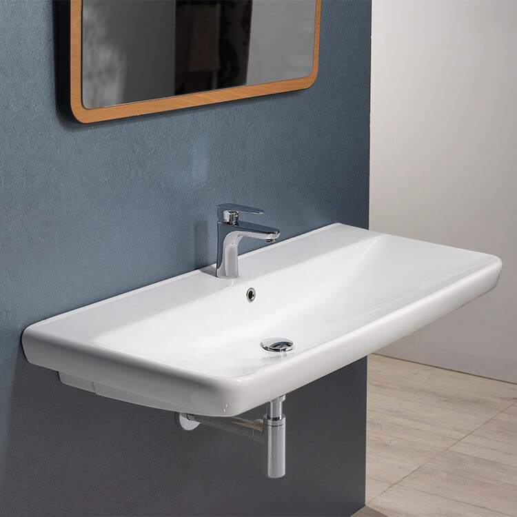 Bathroom Sink, CeraStyle 030500-U-One Hole, Rectangle White Ceramic Wall Mounted or Drop In Sink