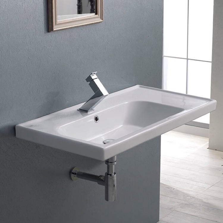 CeraStyle 031100-U-One Hole Rectangular Ceramic Wall Mounted or Drop In Sink With Counter Space