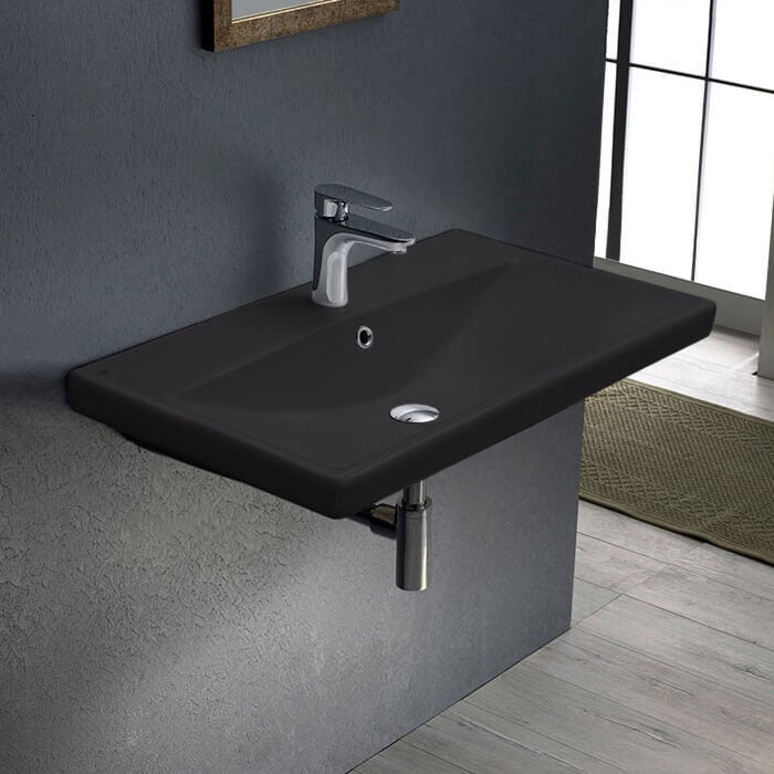 Bathroom Sink, CeraStyle 032007-U-97-One Hole, Rectangle Matte Black Ceramic Wall Mounted or Drop In Sink