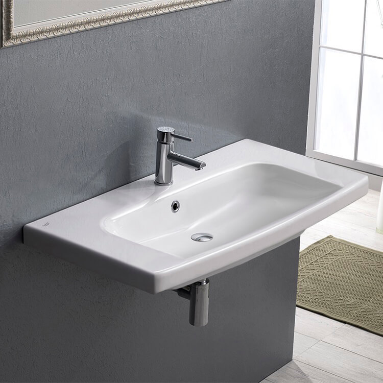 Bathroom Sink, CeraStyle 034300-U-One Hole, Rectangle White Ceramic Wall Mounted or Drop In Sink