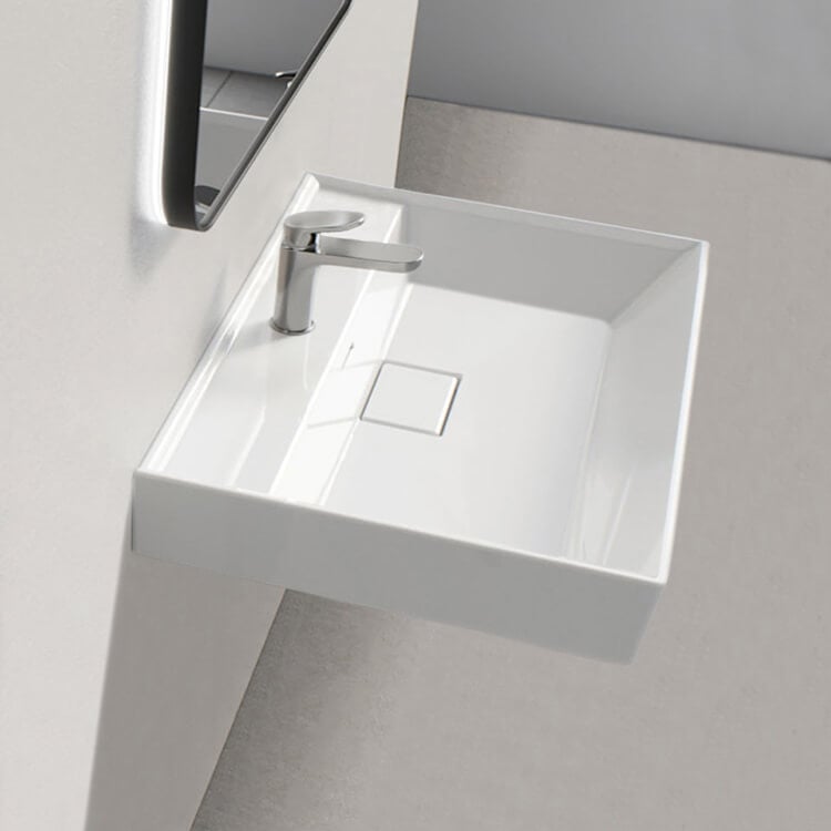 Bathroom Sink Square White Ceramic Wall Mounted or Drop In Sink CeraStyle 037000-U