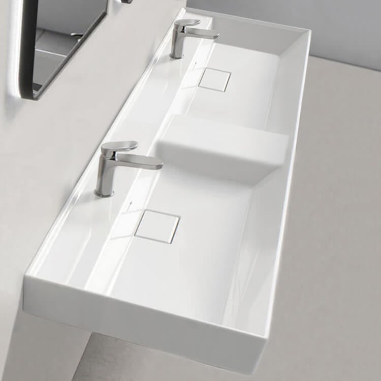 Bathroom Sink Double Ceramic Wall Mounted or Drop In Sink CeraStyle 037700-U