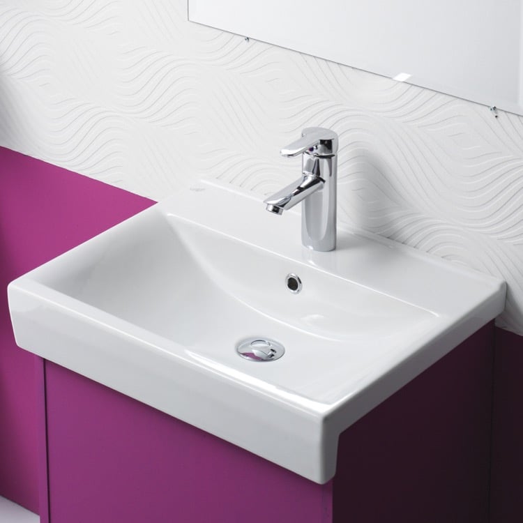 CeraStyle 063500-U-One Hole Rectangle White Ceramic Semi Recessed or Wall Mounted Sink