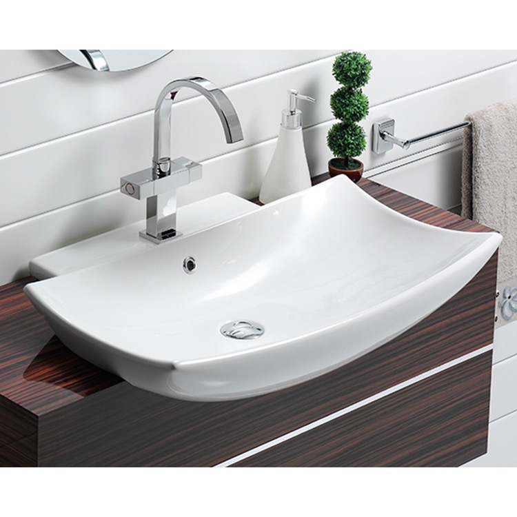 Bathroom Sink Curved Rectangular White Ceramic Wall Mounted or Semi-Recessed Sink CeraStyle 074800-U