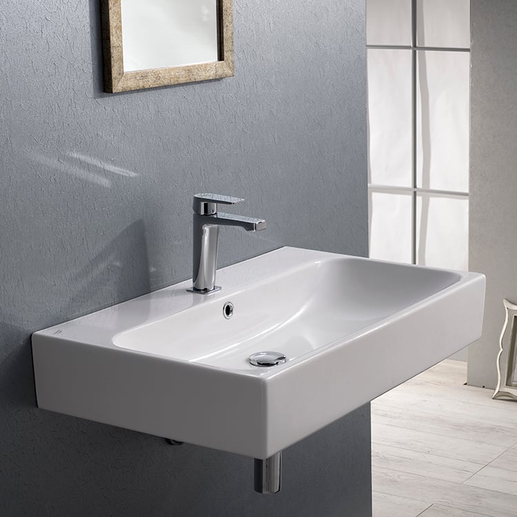 CeraStyle 080000-U-One Hole Rectangular White Ceramic Wall Mounted or Vessel Bathroom Sink
