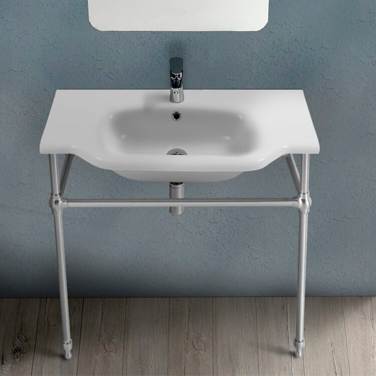 CeraStyle 081200-CON-One Hole Traditional Ceramic Console Sink With Chrome Stand, 32 Inch