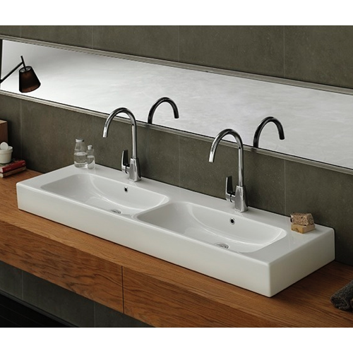 CeraStyle 080900-U-Two Hole Rectangular Double White Ceramic Wall Mounted or Vessel Bathroom Sink