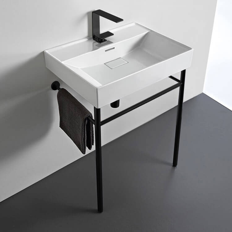 CeraStyle 037100-U-CON-BLK-One Hole Rectangular White Ceramic Console Sink and Matte Black Stand