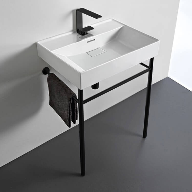 Console Bathroom Sink Rectangular White Ceramic Console Sink and Matte Black Stand, 24 Inch CeraStyle 037100-U-CON-BLK