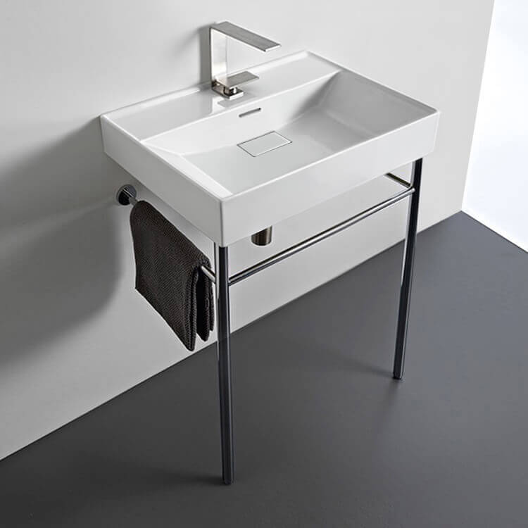 CeraStyle 037100-U-CON-One Hole Rectangular White Ceramic Console Sink and Polished Chrome Stand
