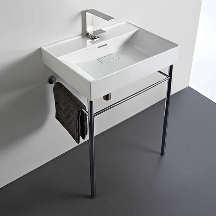 CeraStyle 037100-U-CON Rectangular White Ceramic Console Sink and Polished Chrome Stand, 24 Inch