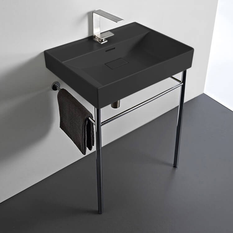 CeraStyle 037107-U-97-CON-One Hole Rectangular Matte Black Ceramic Console Sink and Polished Chrome Stand