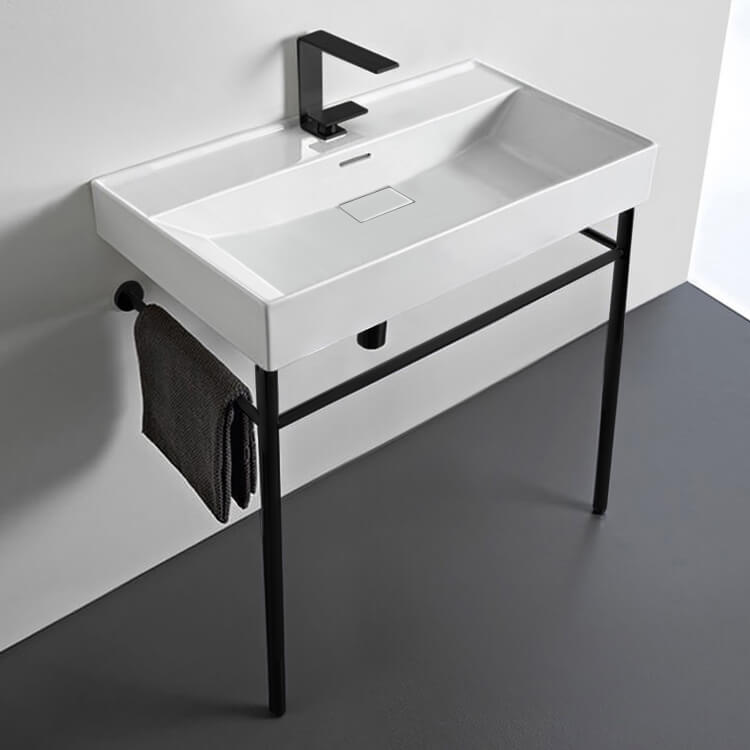 Bathroom Sink, CeraStyle 037300-U-CON-BLK-One Hole, Rectangular White Ceramic Console Sink and Matte Black Stand