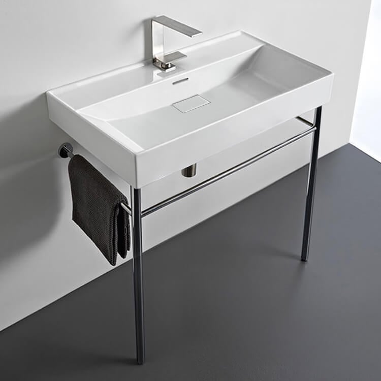 CeraStyle 037300-U-CON-One Hole Rectangular White Ceramic Console Sink and Polished Chrome Stand
