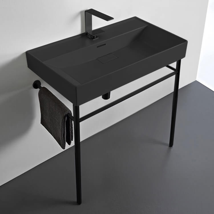 CeraStyle 037307-U-97-CON-BLK Rectangular Matte Black Ceramic Console Sink and Matte Black Stand, 32 Inch