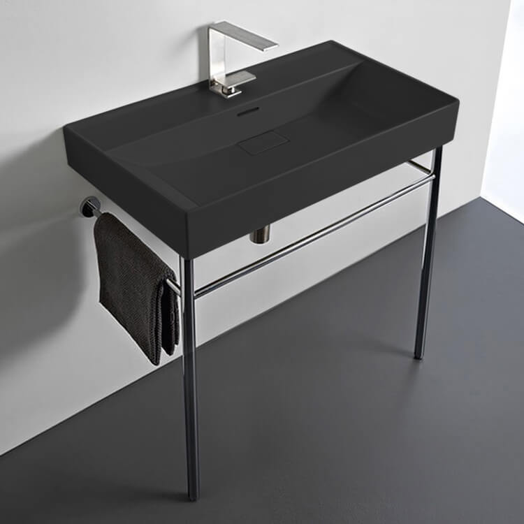 Bathroom Sink, CeraStyle 037307-U-97-CON-One Hole, Rectangular Matte Black Ceramic Console Sink and Polished Chrome Stand