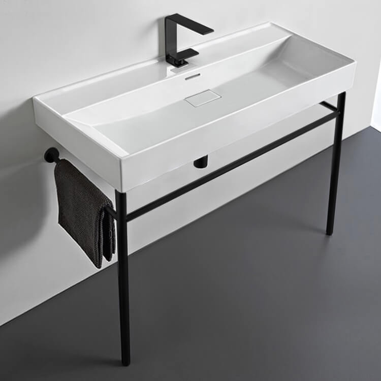 CeraStyle 037500-U-CON-BLK-One Hole Rectangular White Ceramic Console Sink and Matte Black Stand